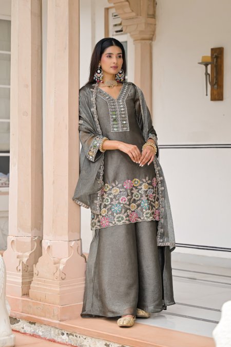 Grey Colour D 50135 By Zaveri Crush Satin Readymade Suits 